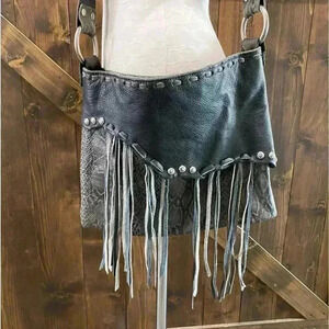 Custom Made Leather Western Fringe Snake Print Studded Crossbody Bag